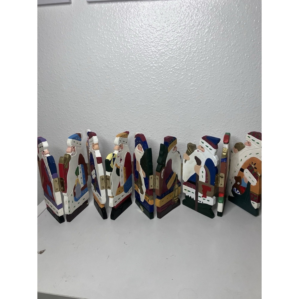 Vtg Mantle 9 Handpainted Carved Folding Wood Santa Christmas 36x8" Hinged